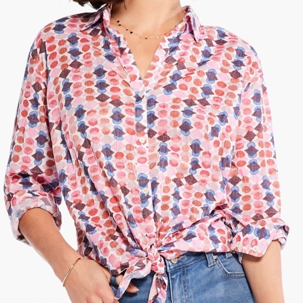 NIC + ZOE Geo Dots Boyfriend Button Front Shirt | Crinkle Cotton | Relaxed | XS